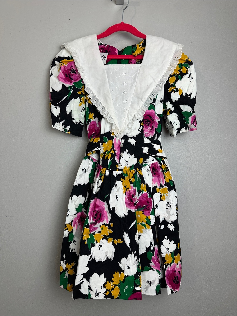 Vintage 90s Floral Sailor Collar Puff Sleeve Party Dress Girls 10